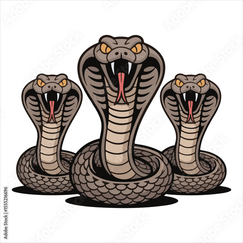 Cartoon Cobra Snake Vector Set,Aggressive Cobra Snake Illustration,Coiled Cobra Snake Clipart Collection,Vector Cobras with Fangs and Hood,Dangerous Snake Mascot Design,Colorful Cobra Snake Artwork