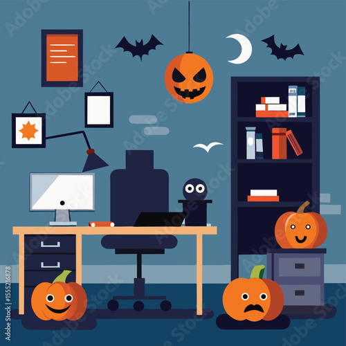 Vector art of a halloween office scene includes pumpkins bats and a moon