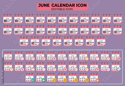 Editable June Calendar Icons Set with Various Design Elements for Schedule Management and Event Planning Purposes