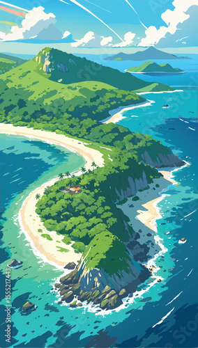 Tropical Island Landscape with Rainbow and Blue Ocean. Vector Illustration
