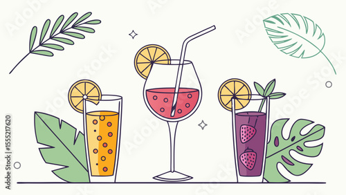 Three Colorful Refreshing Summer Drinks with Tropical Accents.