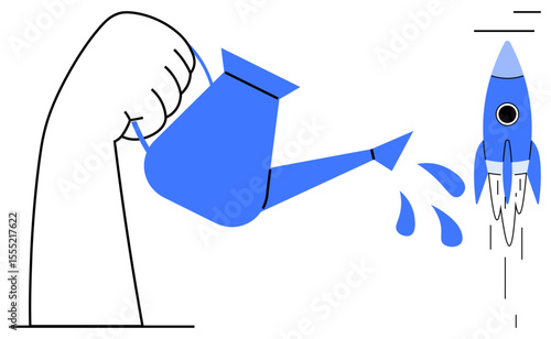 Hand pouring water from a watering can onto a rocket, representing startup growth, progress, nurturing ideas. Ideal for innovation, entrepreneurship, success, creativity, motivation leadership
