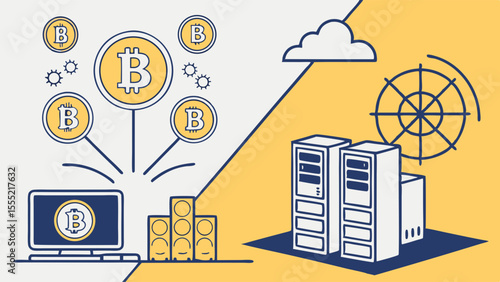 Bitcoin Network Illustration with Computer Servers Cloud and Data Visualization.