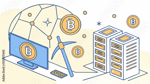 Bitcoin Mining Computer Servers and Cryptocurrency Network.