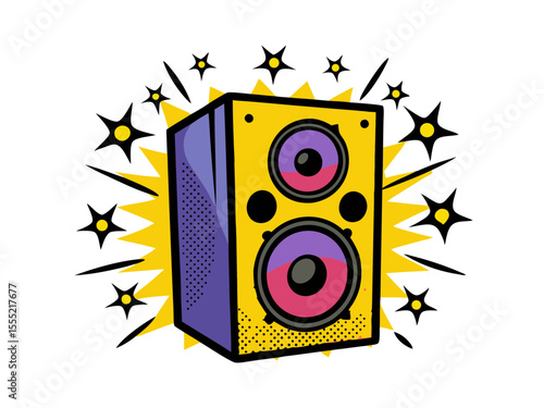 Loudspeaker in comic book style with vibrant colors and starburst background, isolated vector image on transparent background 