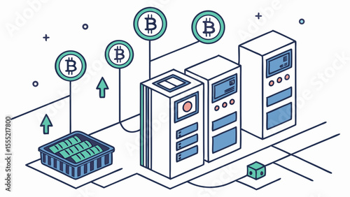 Bitcoin Mining Farm Illustration with Servers and Cryptocurrency.