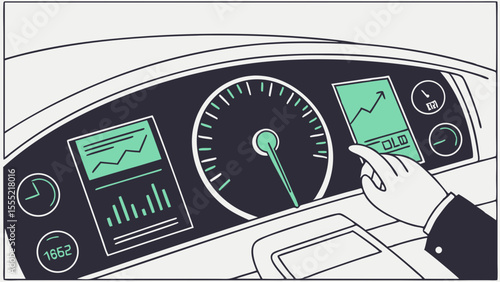 Car Dashboard with Graphs Speedometer and Hand Touching Screen.