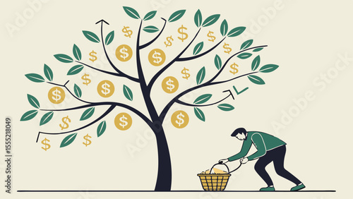 Man Harvesting Gold Coins from a Money Tree.