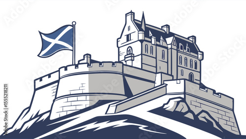 Stylized Illustration of Scottish Castle with Flag and Fortress.