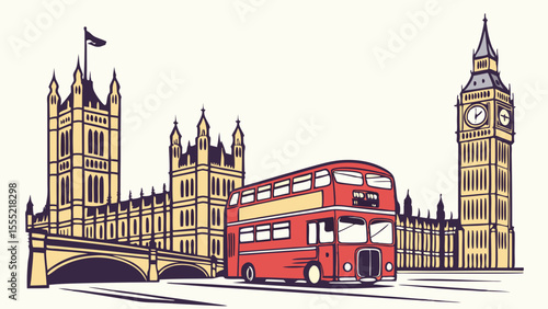 London landmarks Big Ben Houses of Parliament and red doubledecker bus.