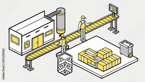 Isometric factory scene with workers conveyor belts and packaged goods.