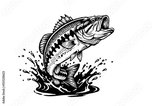Black and white illustration of a largemouth bass leaping from the water