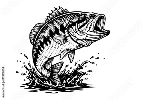 Black and white illustration of a largemouth bass leaping from the water