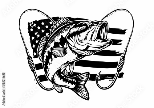 Large mouth bass leaping with fishing hooks and american flag in monochrome