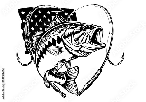 Large bass fish leaping with american flag and fishing rod