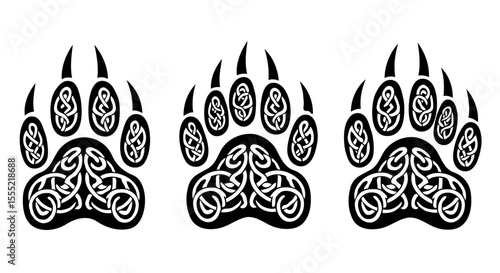 Three stylized celtic knot bear paw prints in black on a white background