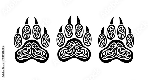 Three celtic knot bear paw prints in black and white on a white background