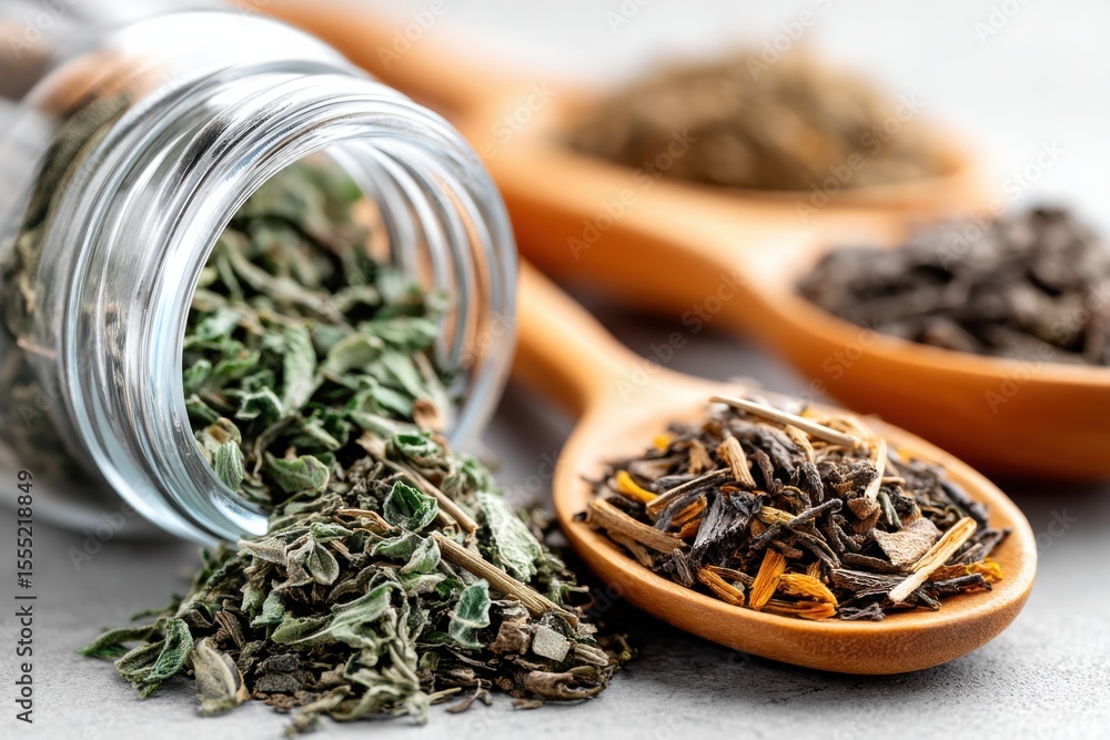 Fototapeta premium Assorted Dried Herbs and Spices in Spoons and Jar for Culinary Use