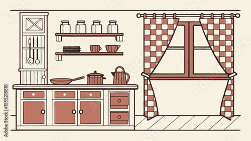 Illustrated Kitchen Interior with Cabinets Utensils and Window.