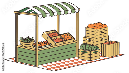 Illustrated fruit and vegetable stand with produce in crates and bowl.