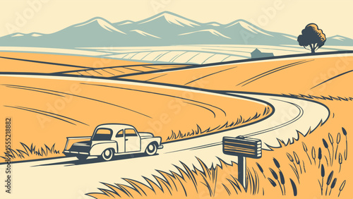 Vintage Country Road with Classic Car.