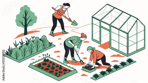 Three Women Gardening in a Greenhouse Setting.