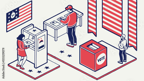Isometric Illustration of People Voting in a Polling Place.