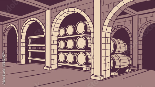 Aged Wine Barrels in a Stone Cellar.