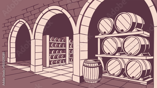 Aged Wine Barrels in a Stone Cellar with Wine Racks.