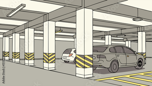 Underground Parking Garage with Two Cars and Support Columns.