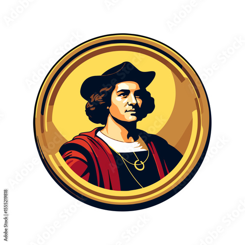 Bold Columbus coin illustration in pop art style, history of exploration