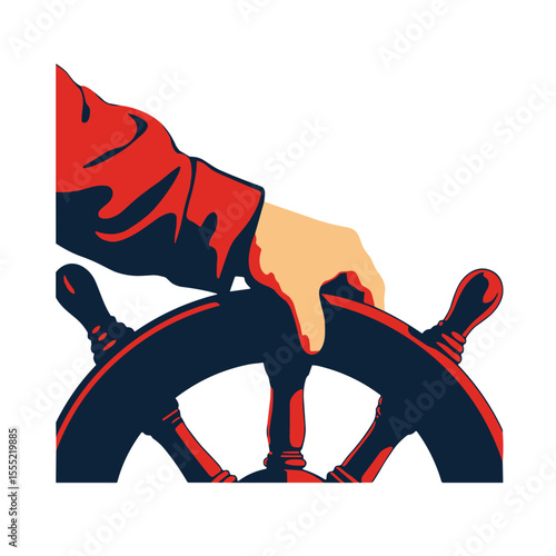 Captain's hand steering the helm in pop art style, exploration theme