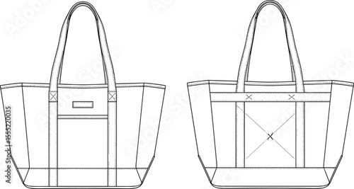 Tote bag front and back view technical sketch, handbag fashion design outline, accessory flat drawing template, cad drawing flat vector illustration