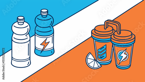 Illustrated Energy Drinks and Water Bottles with Lemon Slice.