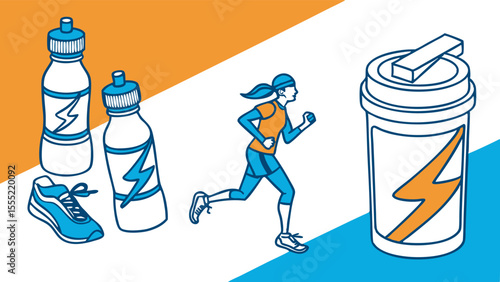 Running woman sports drink bottles shaker and shoe illustration.