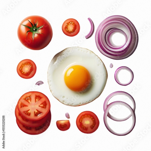 Fried Egg with Sliced Tomatoes and Onions on White Background – AI Generated

