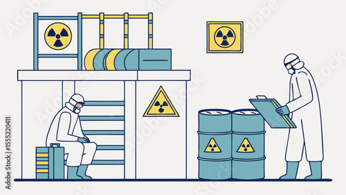 Nuclear Waste Facility Workers in Protective Suits Handling Radioactive Materials.