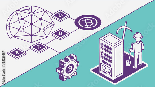 Bitcoin Mining Isometric Illustration with Network Server and Miner.