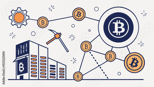 Bitcoin Mining Network with Gear Pickaxe Buildings and Connected Coins.