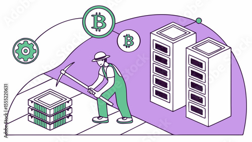 Cryptocurrency Mining Concept Depicting a Miner and Bitcoin Symbols.