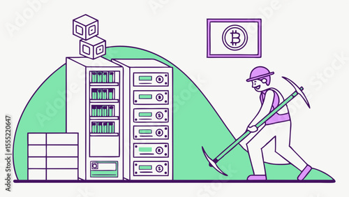Cryptocurrency Mining Concept Depicting Servers Miner and Bitcoin Symbol.