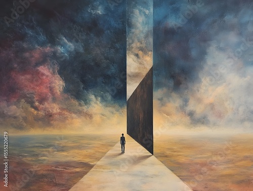 Golden sunset light streams through an architectural archway, a 'door to the sky,' overlooking the endless sea and clouds