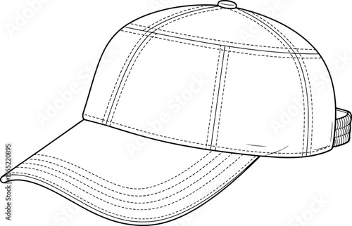 Baseball cap with curved brim, top stitching detail, back strap closure, technical flat sketch, vector template, fashion accessory, CAD drawing flat vector illustration