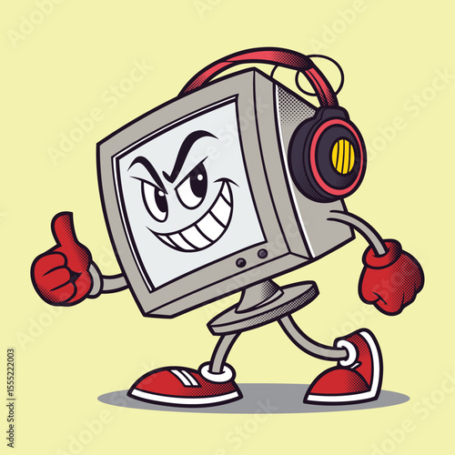 Retro computer monitor mascot, Groovy mascot, Groovy style vector illustration, Vector art, Cartoon character mascot illustration