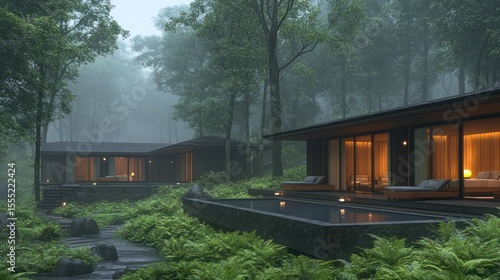 Misty forest resort with modern cabins