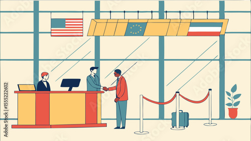 Business Professionals Shaking Hands at an Airport Checkin Counter.