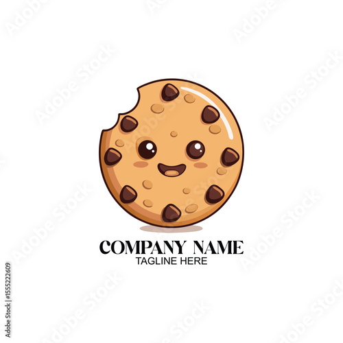 Happy cookie logo: A whimsical illustration of a smiling chocolate chip cookie, perfect for branding and showcasing joyful treats. The design features a friendly, inviting face.
