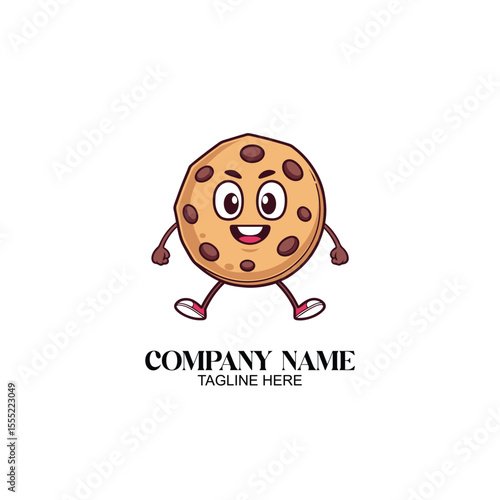 Cookie Mascot: A cheerful cartoon cookie character with chocolate chips and a smiling face, embodying fun and deliciousness.