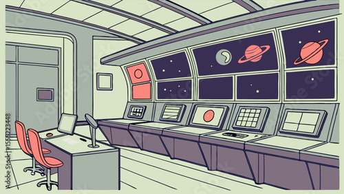 Cartoon illustration of a retrofuturistic space control room interior.