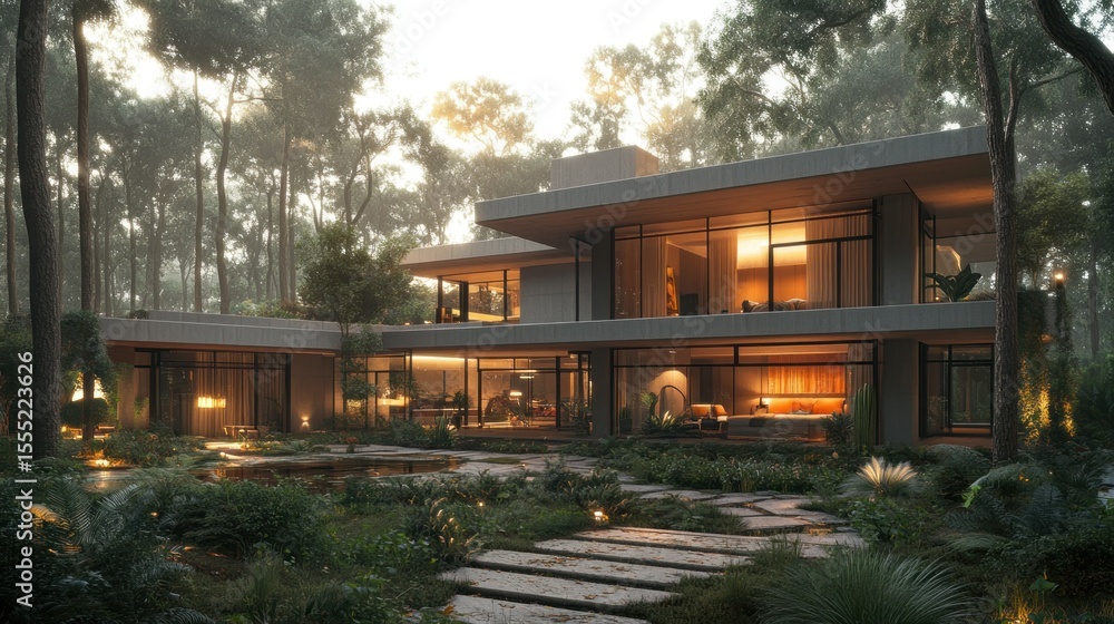 Fototapeta premium Modern house nestled in a misty forest